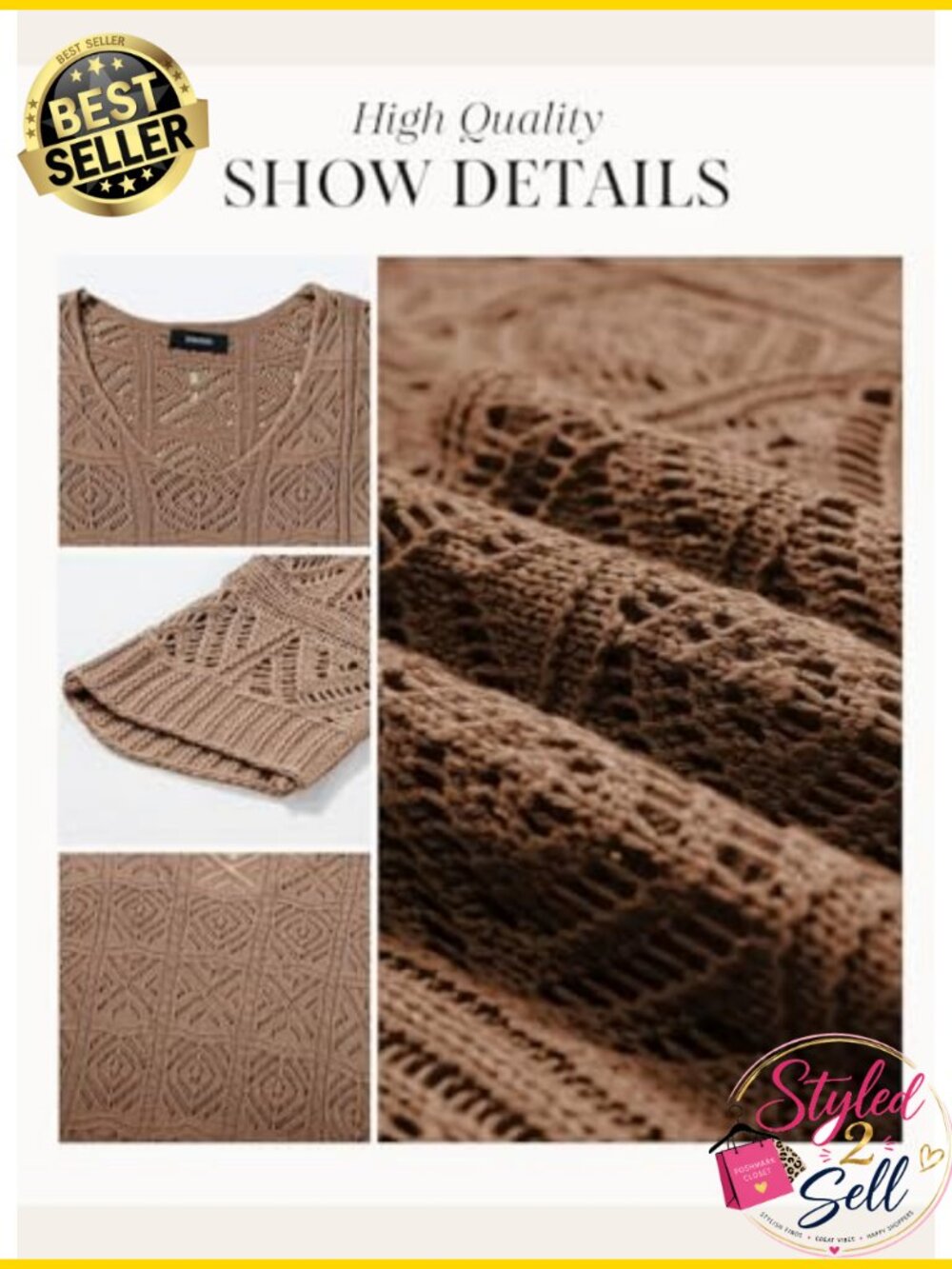 Dokotoo Crochet Hollow Out 3/4 Sleeve Pullover Sweater Off Shoulder Top - Picture 4 of 6